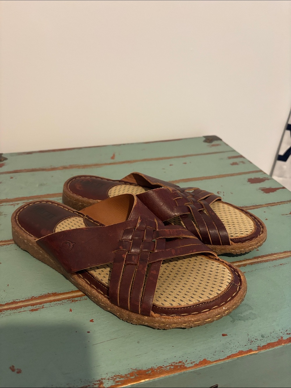 Born Brown Woven Leather Slide Sandals
